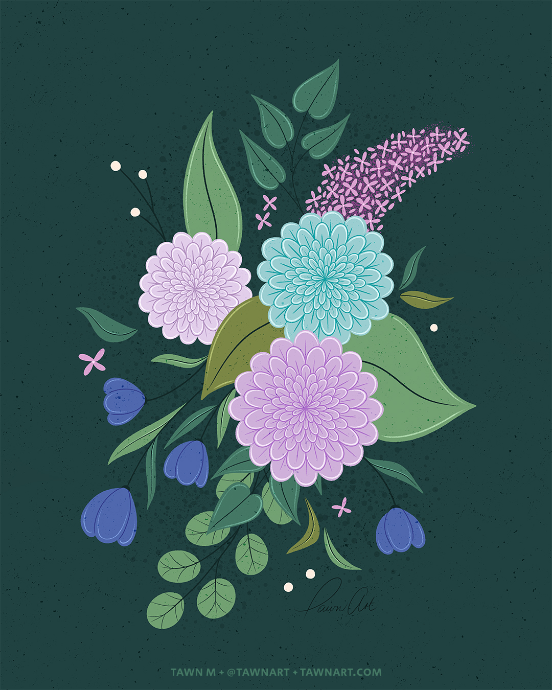 Spot illustration of whimsical florals and leaves in purple, navy, teal, and green.