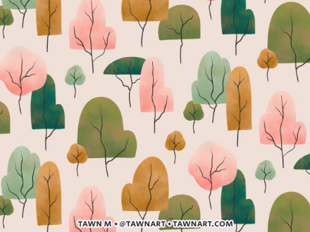 Autumn forest with pink, green and golden trees in a repeating pattern over a cream background.