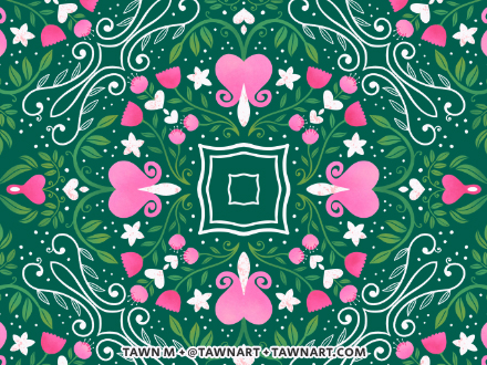 Repeating pattern of ornate pink bleeding heart flowers with detailed line work and green leaves, on a bright green background.