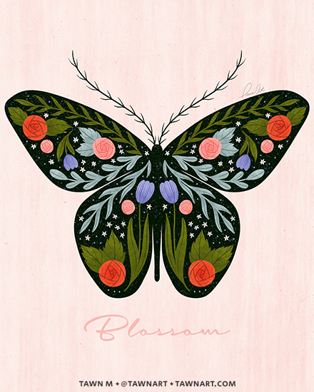 Single black butterfly with ornately decorated open wings over a light pink background.