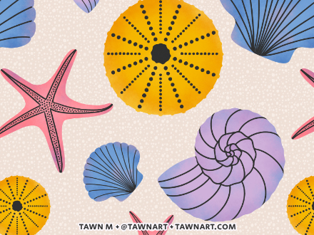 Graphic sea shell repeating pattern with pink, purple, blue, and yellow nautilus shells, scallop shells, sea urchin, and starfish on a cream background.