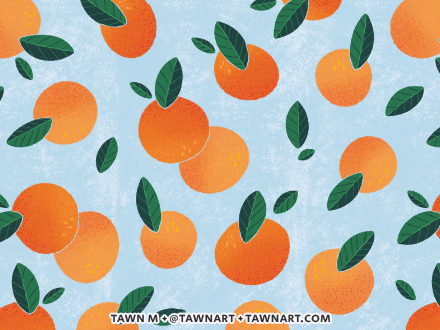 Repeating pattern of scattered oranges with simple green leaves over a light blue background.