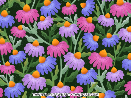 Repeating pattern of pink and purple coneflowers with yellow centers, interlaced in a woven design.