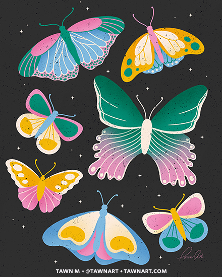 Illustration with seven multicoloured butterflies of various shapes and sizes over a black background.