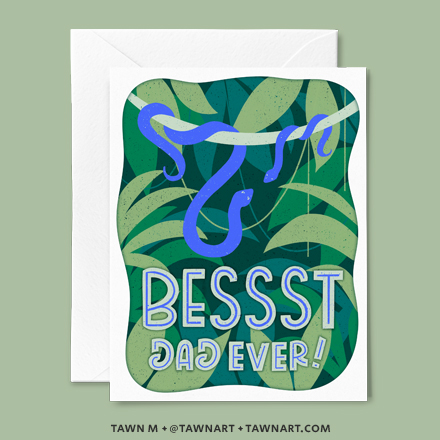 Father's Day card with a jungle scene: two blue reptiles hanging from a vine. Caption: Bessst dad ever.