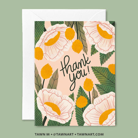 Thank you greeting card with text in the center, surrounded by cream flowers with yellow centers.