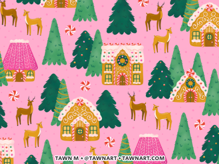 Repeating pattern of gingerbread cabins in a winter forest with deer and scattered peppermint candy, on a pink background.