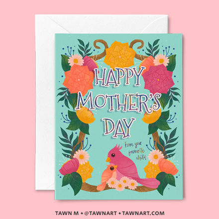Mother's Day card with pink, orange, and yellow flowers. A pink bird and a smaller orange bird sit together in a nest of flowers.