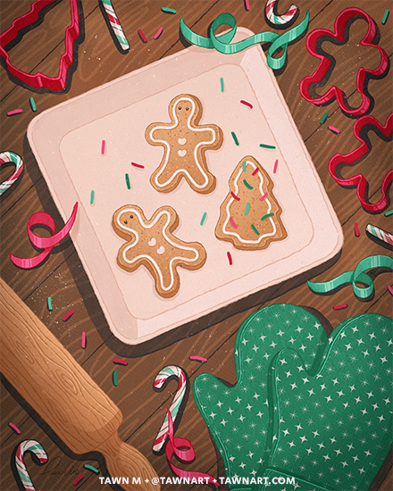 Scene of baked gingerbread cookies, surrounded by cookie cutters, a baking pan, green oven mitts, a rolling pin, and candy canes.