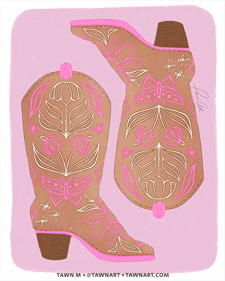 Brown cowboy boots with floral embroidery facing each other on a pink background.