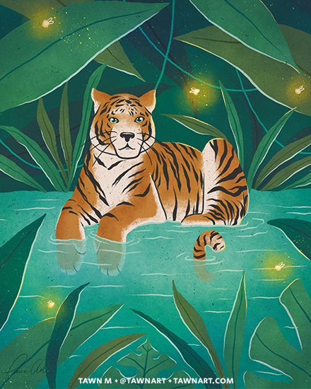 Illustration of a tiger resting at the edge of a watering hole in the middle of the jungle.