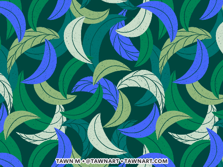 Repeating pattern of bold overlapping green and blue leaves.