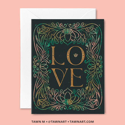 Love greeting card with bold text in the center, surrounded by symmetrical floral or swirl designs in a green background.