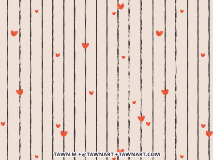 Repeating pattern of black hand drawn stripe with speckled little red hearts over a cream background.