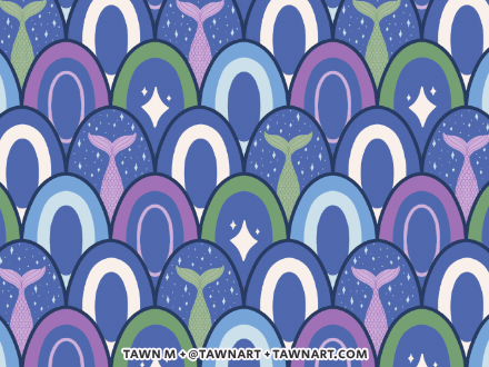 Repeating pattern of scalloped shapes with purple and green mermaid tails swimming downwards.