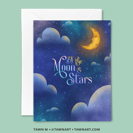 Birth announcement card with a night sky scene: clouds, crescent moon, stars. Caption: By the moon and stars.
