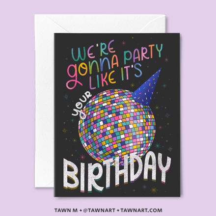 Birthday card with a mirrored disco ball topped with a blue party hat.