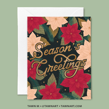 Christmas card with red & cream poinsettias, pine leaves. Caption: Season's greetings
