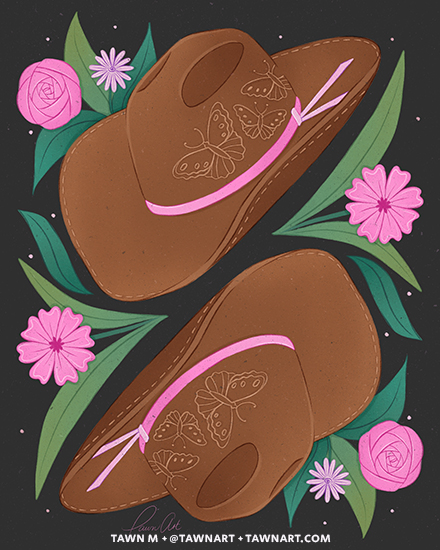 Brown cowboy hats facing each other, surrounded by pink flowers and green leaves on a dark background.