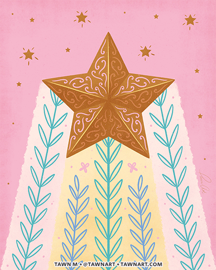 Vertical illustration of a shooting star with a yellow and white trail, against a pink background.
