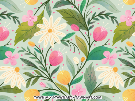 Spring floral pattern with pink tulips, yellow tulips, white daisies & green foliage.