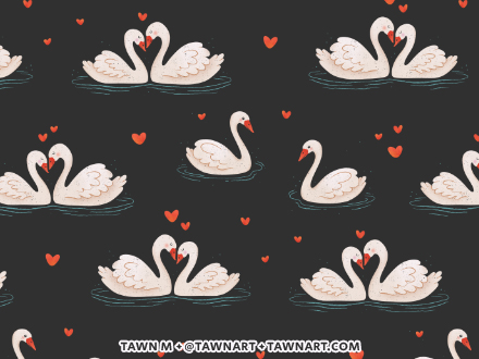 Repeating pattern of amorous swans with small red hearts floating around them on a black background.