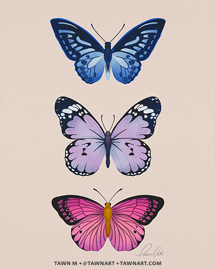 Three butterflies with open wings in a vertical column. One is blue, one is purple, and one is pink.