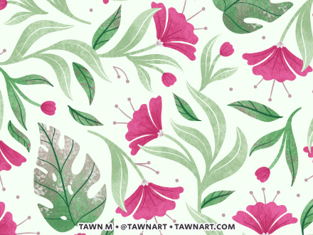 Bright pink hibiscus and monstera leaves repeating pattern.