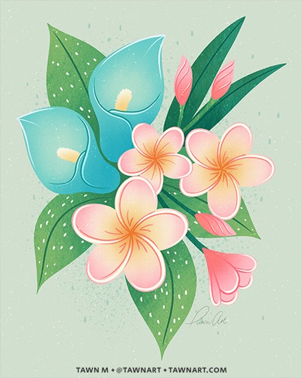 Tropical spot illustration with pink plumeria and turquoise calla lillies on a bed of leaves.