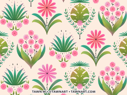 Repeating pattern of pink daisies with black centers, split-leaf monstera leaves, and aloe vera plants in a grid layout.