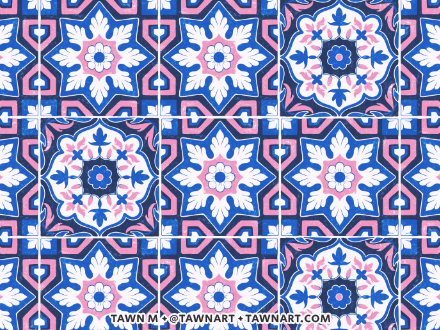Venetian geometric repeating pattern in blue, pink, and white.