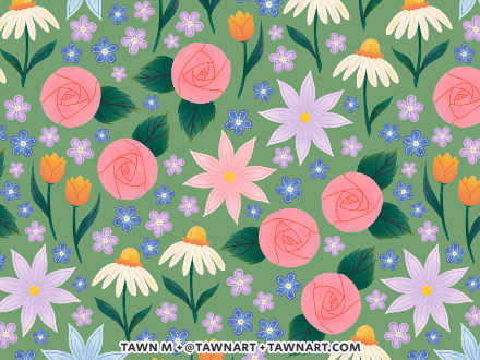 Repeating pattern of colourful wildflowers motifs.