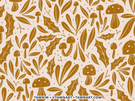 Sepia and cream colored repeating pattern with winter foliage motifs.