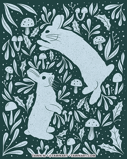 Two light coloured rabbits surrounded by Winter foliage.