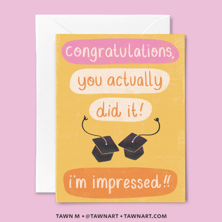 Graduation greeting card with two graduation caps. Caption: Congratulations!