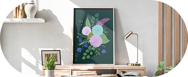 Delicate floral art print in a cozy bright office space.